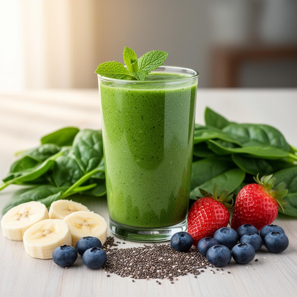 A fresh green smoothie made with spinach, banana, berries, and chia seeds